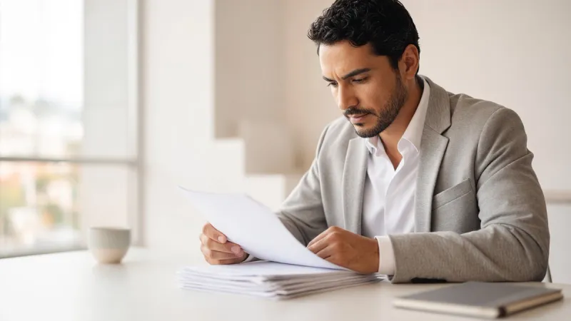 A businessman carefully reviewing paperwork at a sunlit desk.