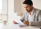 A businessman carefully reviewing paperwork at a sunlit desk.