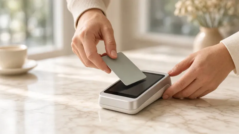 Close-up of a card payment on a terminal at a café counter.