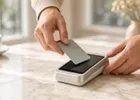 Close-up of a card payment on a terminal at a café counter.