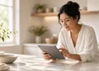 A small business owner comparing options on a tablet at her kitchen counter.