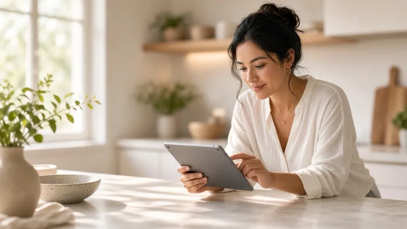 A small business owner comparing options on a tablet at her kitchen counter.