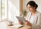 A young professional studying on a tablet at a bright café table.