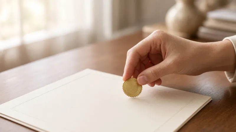 Close-up of hands placing a seal on a formal document at a notary's desk.
