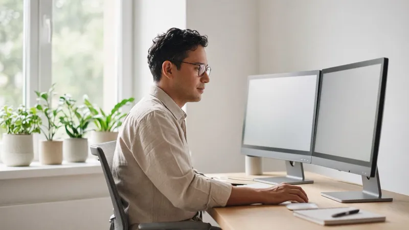 An accountant working at dual monitors in a bright, tidy office.