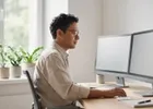 An accountant working at dual monitors in a bright, tidy office.