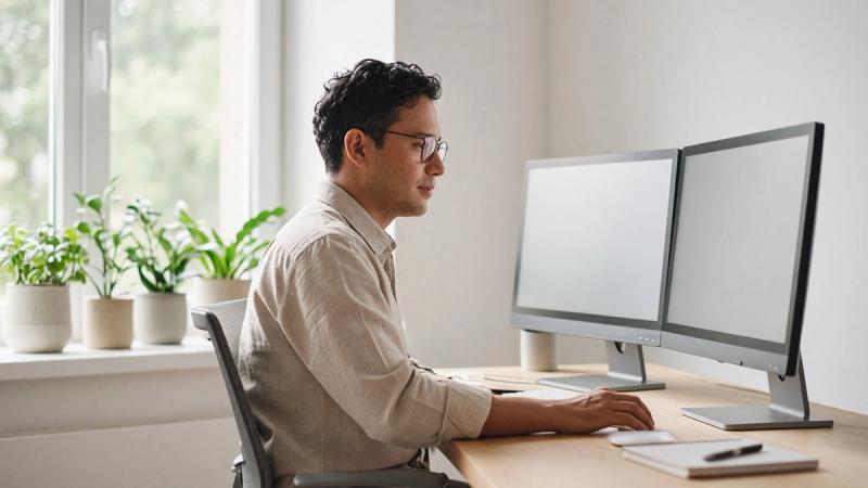 An accountant working at dual monitors in a bright, tidy office.