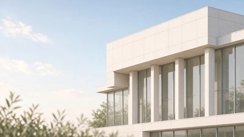 Fachada de un edificio institucional moderno bajo la luz del día.