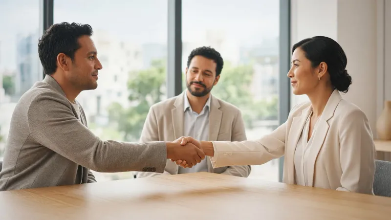 Three business partners shaking hands around a table in a bright modern office.