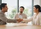 Three business partners shaking hands around a table in a bright modern office.