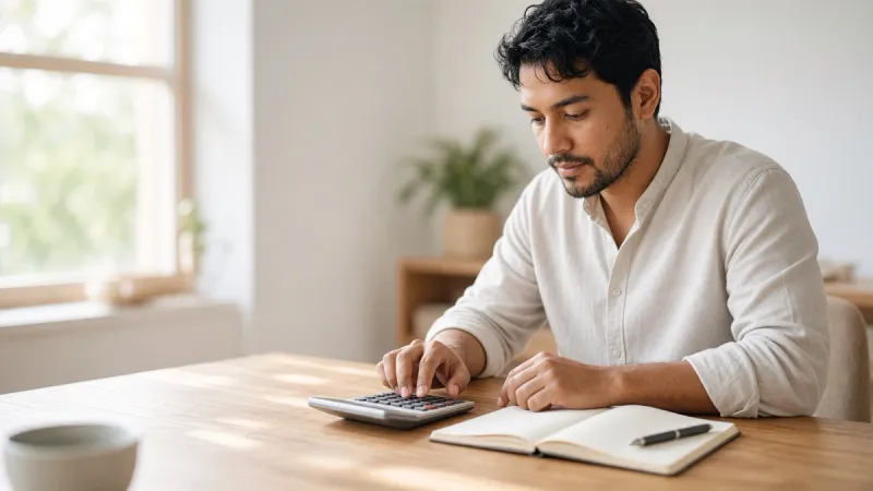 Persona trabajando en el cálculo de sus impuestos con una calculadora y una libreta en un escritorio iluminado por luz natural.