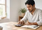 A person working out their taxes with a calculator and notebook at a sunlit desk.