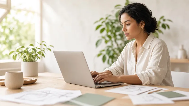 A freelance designer issuing an invoice from a laptop in a bright studio.