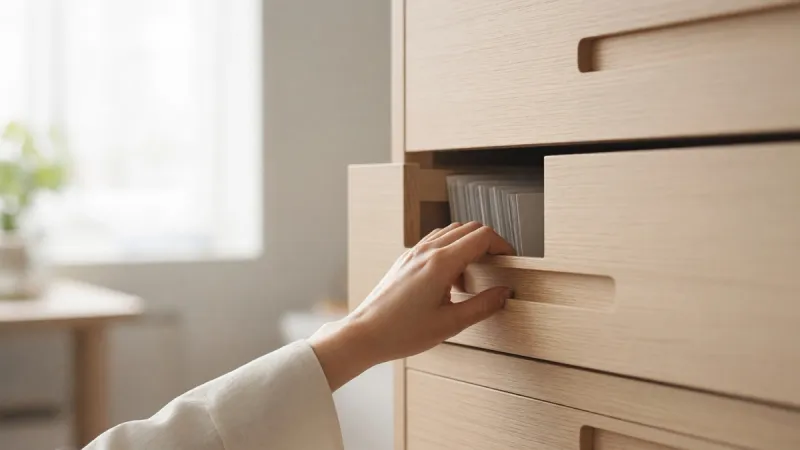 Close-up of a hand opening one of several filing drawers in a bright office.