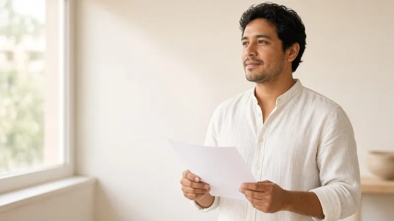 A man reviewing a printed sheet beside a sunlit window.
