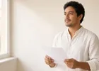 A man reviewing a printed sheet beside a sunlit window.
