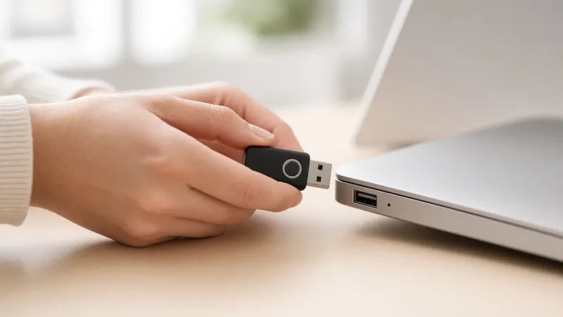 Close-up of hands plugging a USB security key into a laptop.