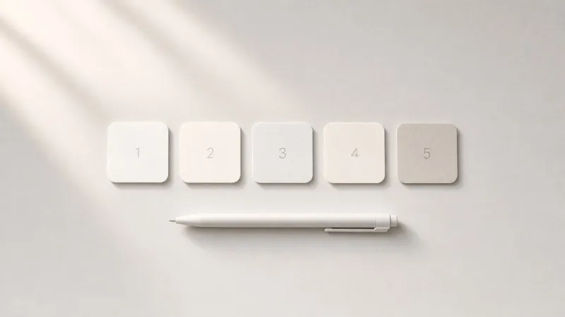 Overhead view of numbered paper tabs arranged in a row beside a pen.