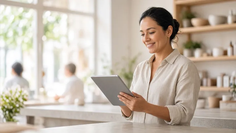 A shop owner smiling while using a tablet behind the counter of his store.