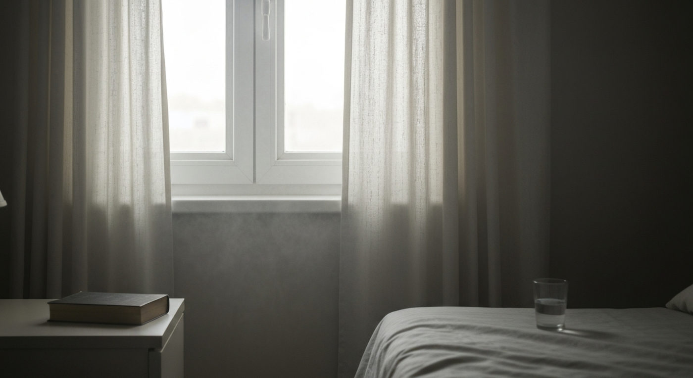 Muted morning light through sheer curtains in a quiet bedroom.