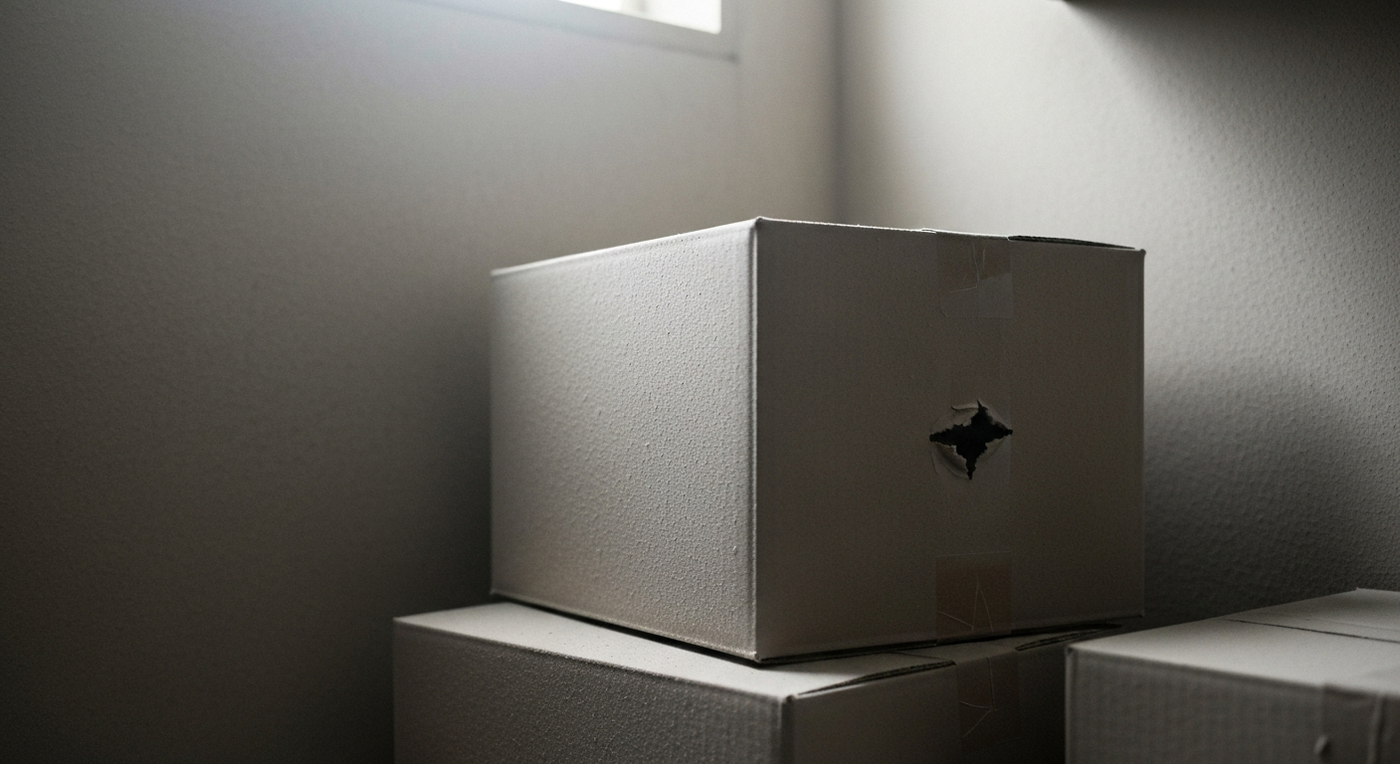 Dust-covered stack of unmarked boxes in a dim storage room.