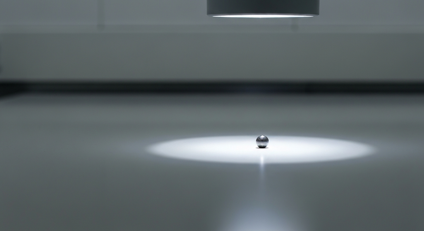 Tiny, perfect gear under sharp light on a vast white lab bench.