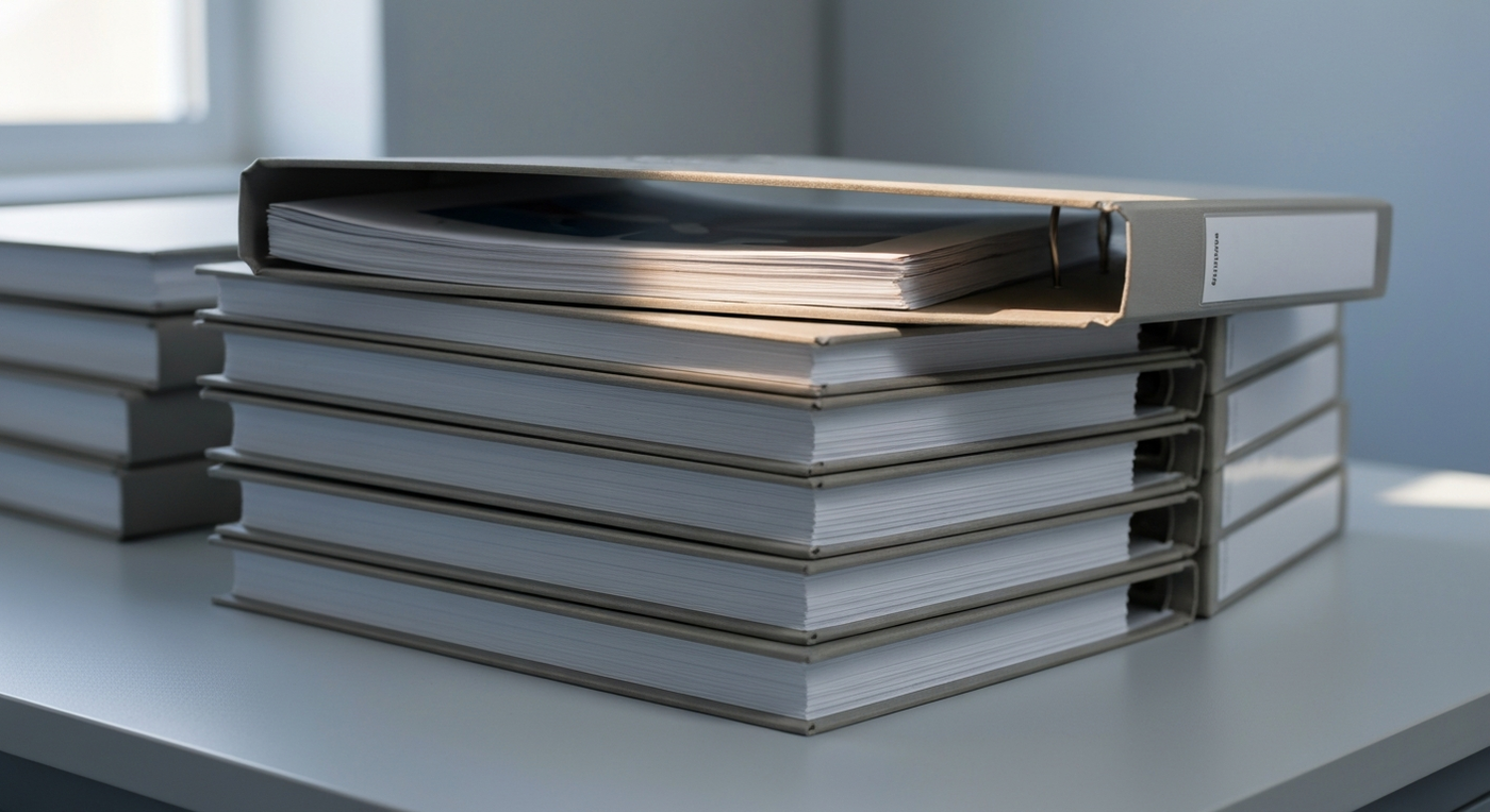 Stack of binders, one slightly open, on a desk under mixed light.