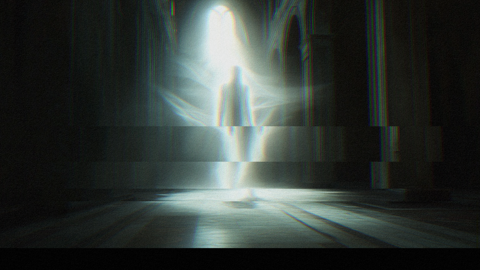 Abstract glitch-art scene of a glowing human-like figure standing in a dark corridor, illuminated by harsh white light and fragmented by horizontal digital distortion, scan lines, and red-green-blue chromatic shifts.