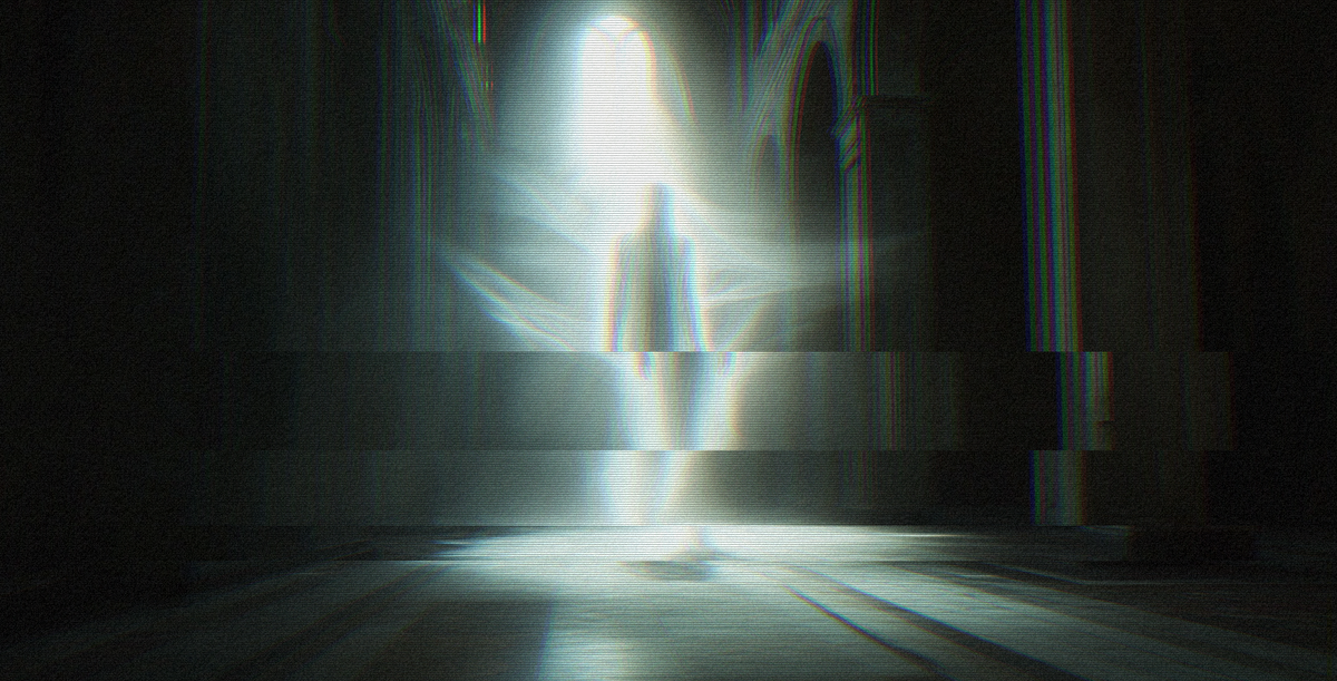 Abstract glitch-art scene of a glowing human-like figure standing in a dark corridor, illuminated by harsh white light and fragmented by horizontal digital distortion, scan lines, and red-green-blue chromatic shifts.