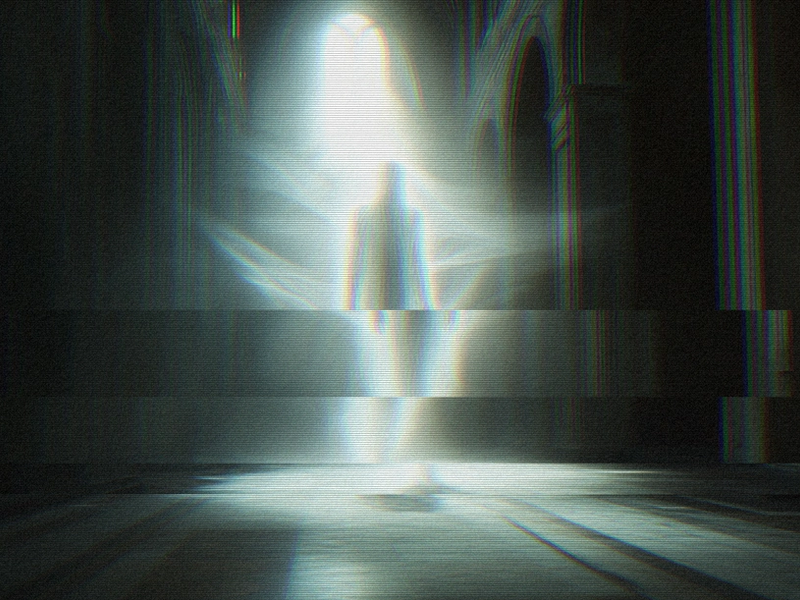 Abstract glitch-art scene of a glowing human-like figure standing in a dark corridor, illuminated by harsh white light and fragmented by horizontal digital distortion, scan lines, and red-green-blue chromatic shifts.