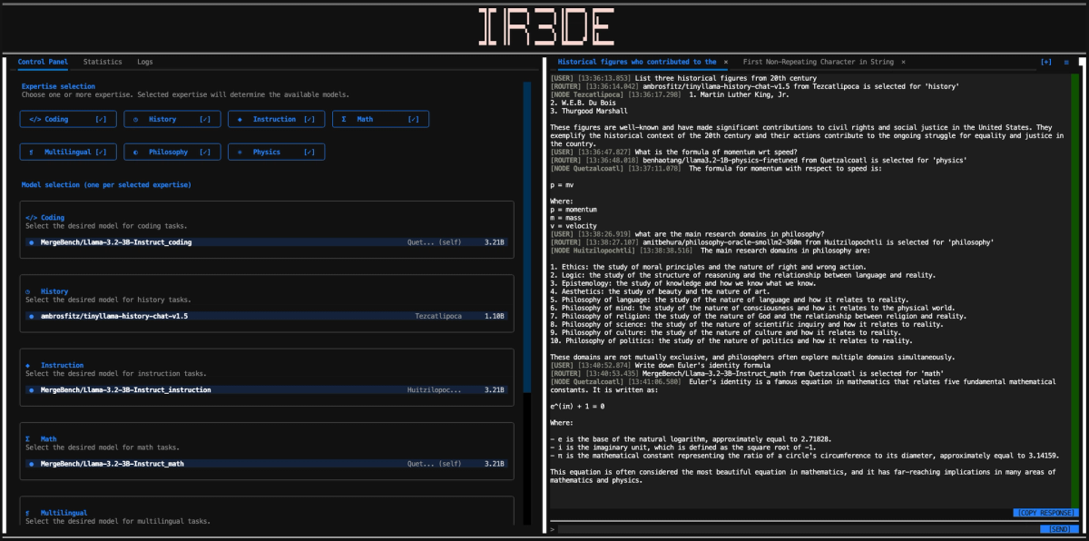 Screenshot of the IR3DE terminal interface. The left panel shows expertise selection with Coding, History, Instruction, Math, Multilingual, Philosophy and Physics all ticked, followed by a model selection list assigning one model to each expertise, with the serving node and model size shown alongside. The right panel shows a chat session where each user prompt is followed by a router log line naming the chosen expertise and node, then the model's answer. Visible exchanges cover 20th-century historical figures, the formula for momentum, the main research domains in philosophy and Euler's identity.