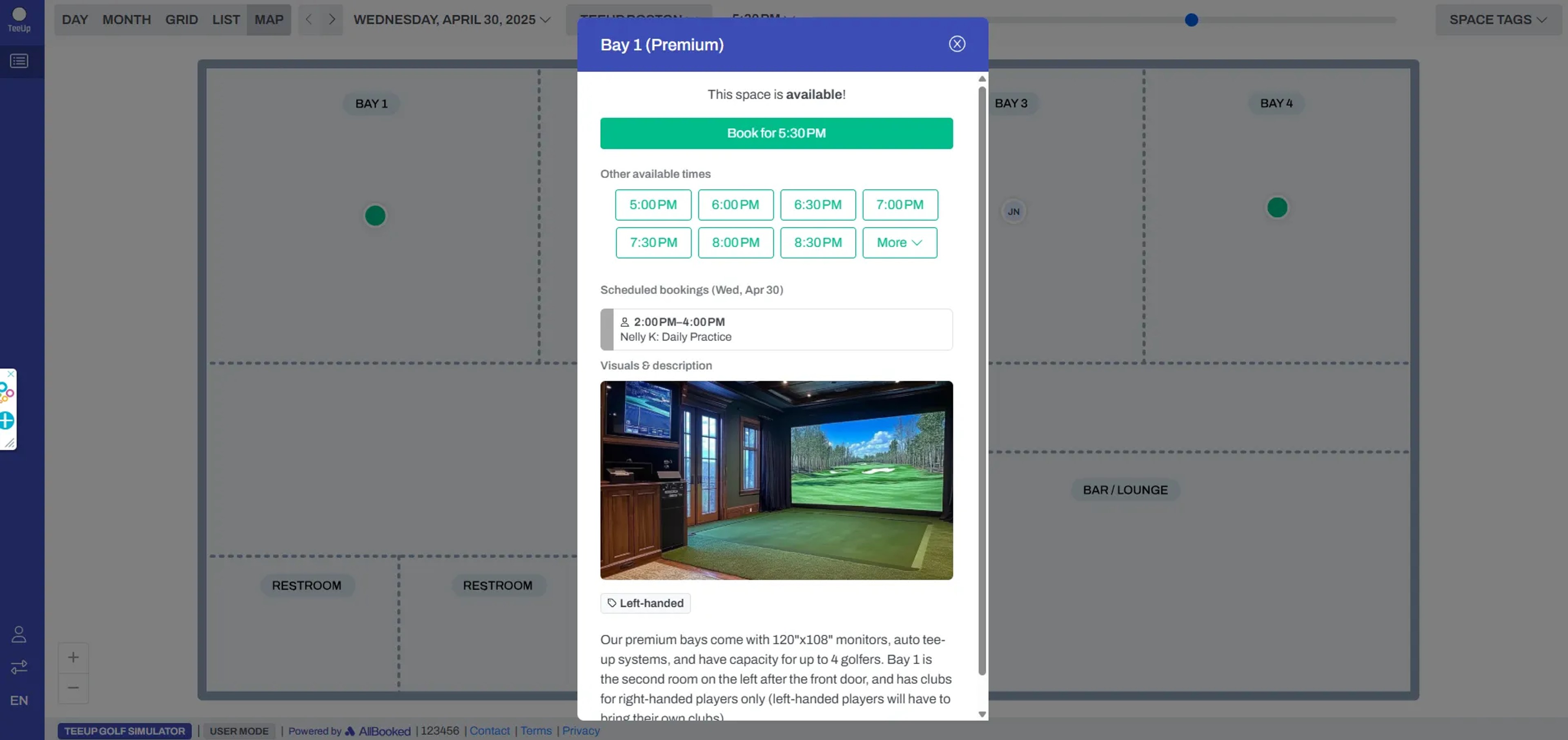 AllBooked map view of simulator bays, and one-page customizable checkout