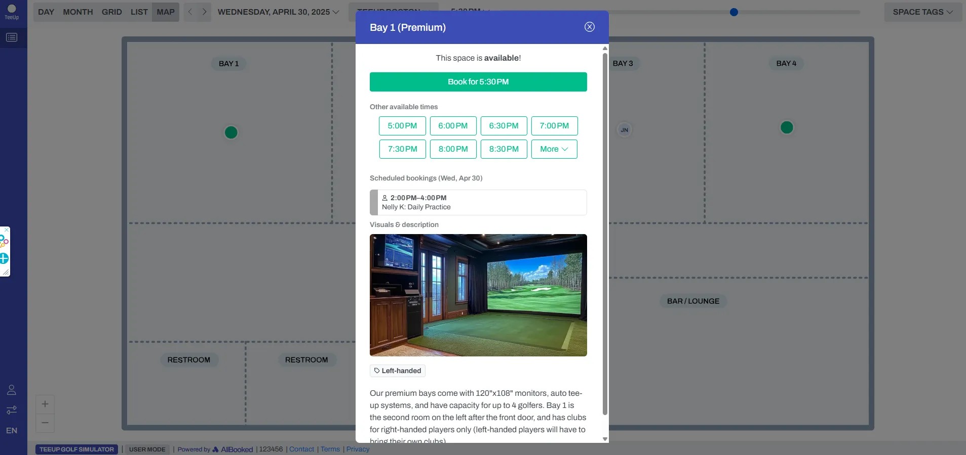 AllBooked map view of simulator bays, and one-page customizable checkout