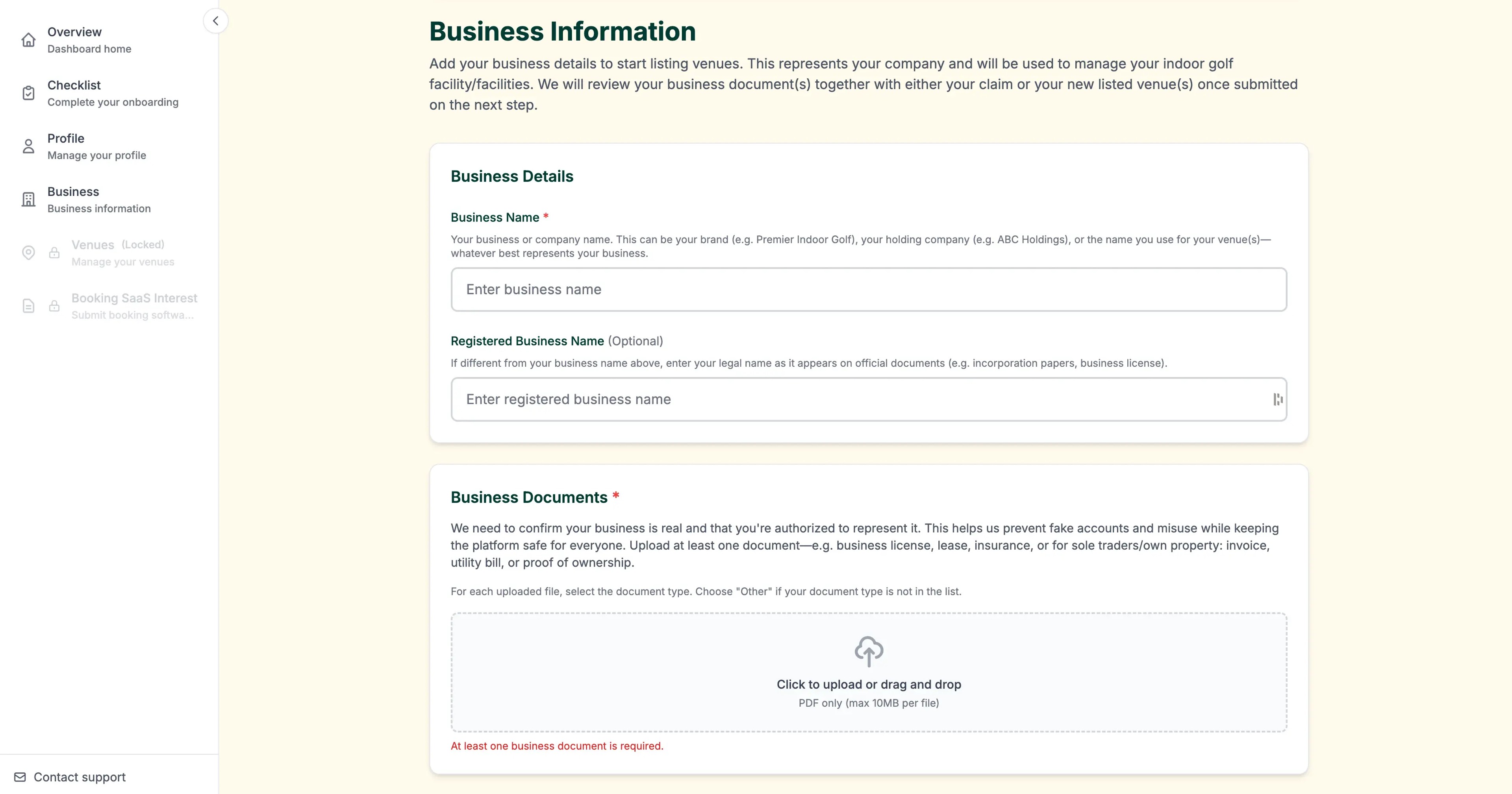 Create business in Screengolfers dashboard