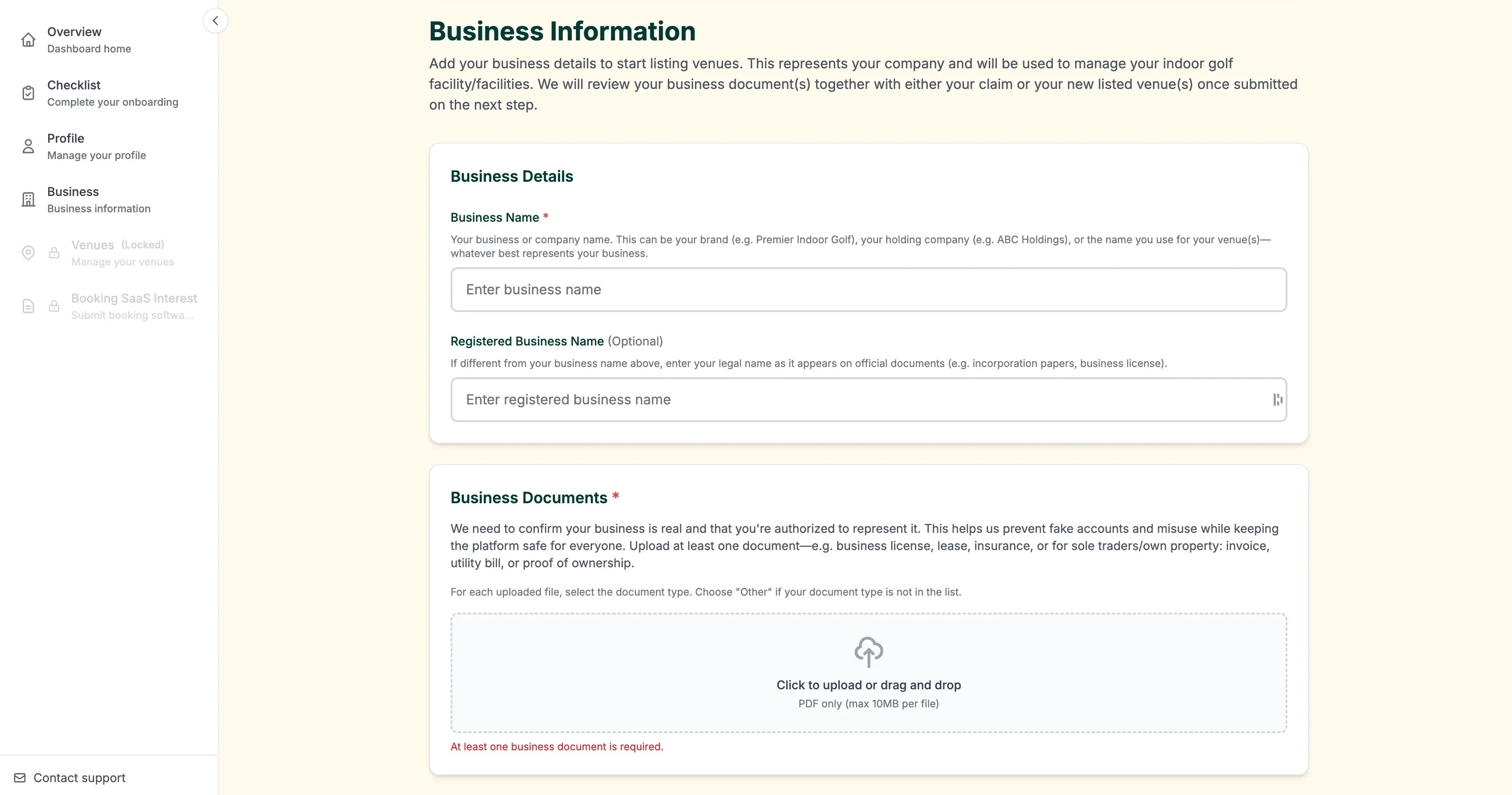 Create business in Screengolfers dashboard