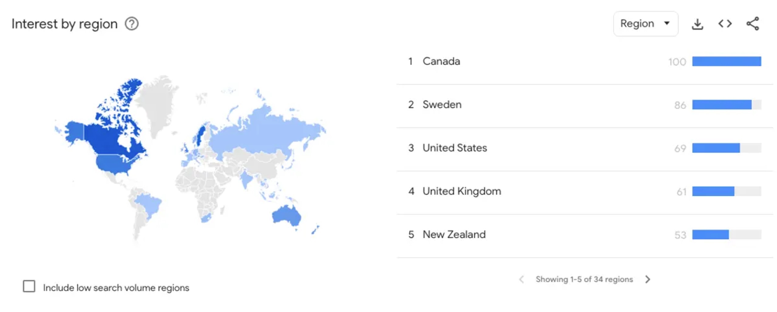 Interest by Region for indoor golf in Google Trends
