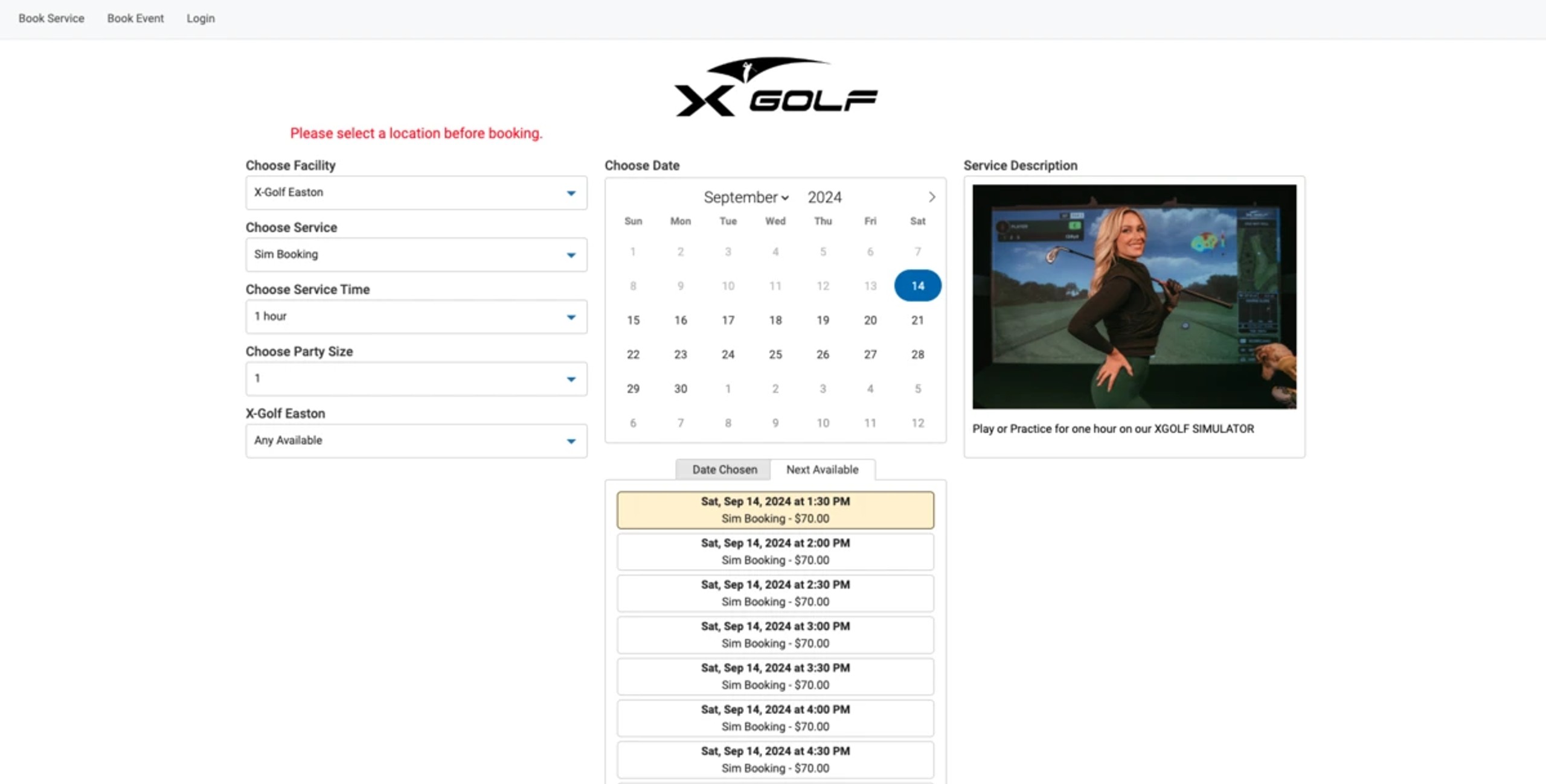 Uschedule booking interface for XGolf