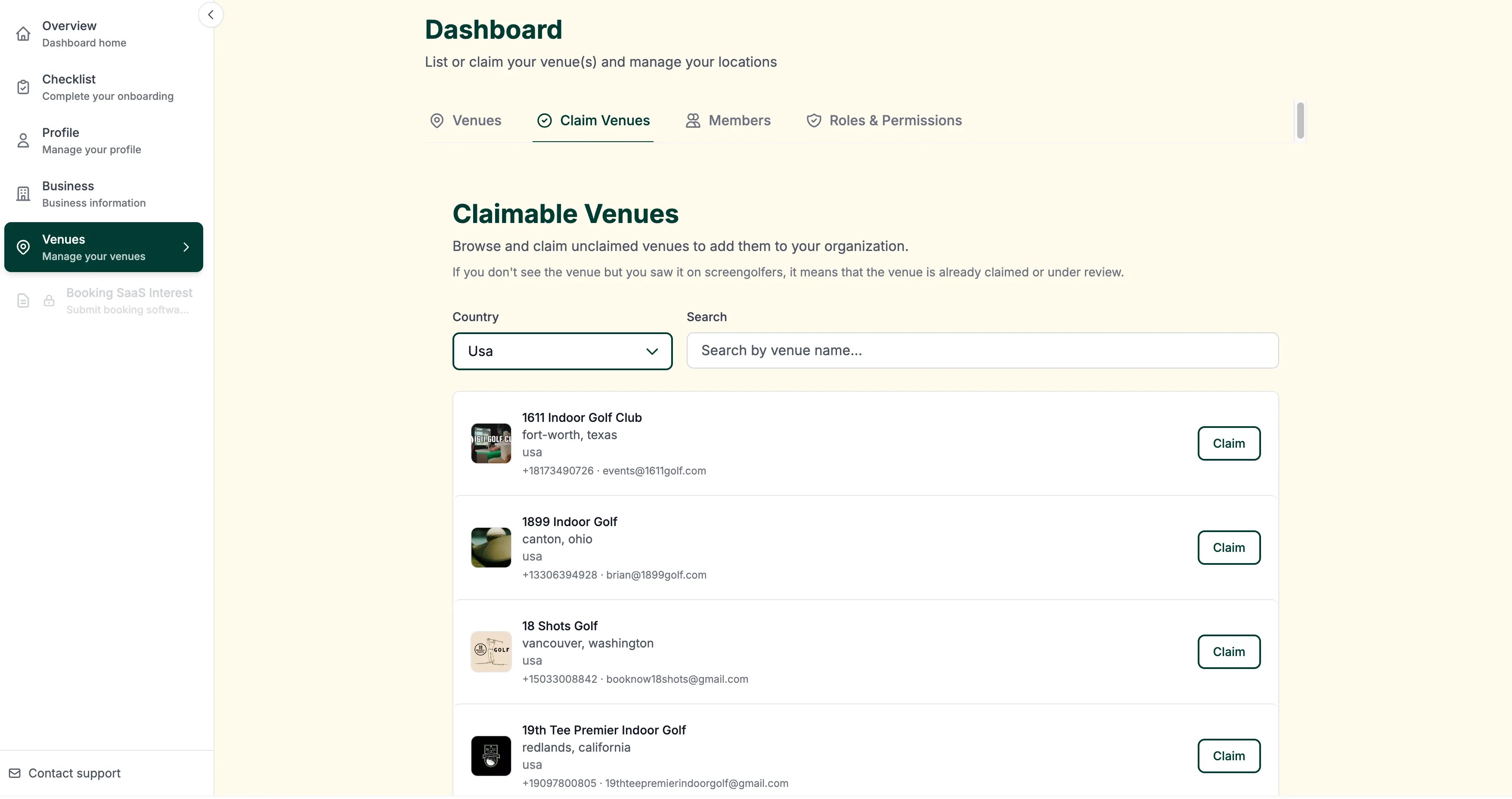 Search for and claim your venue in your Screengolfers dashboard