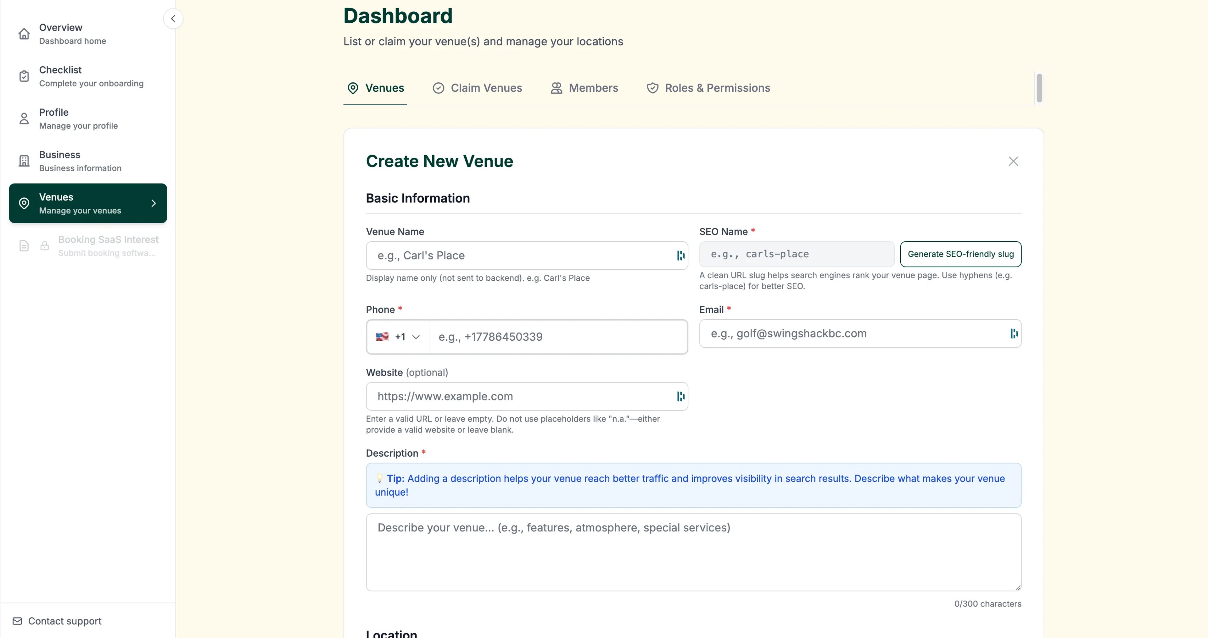 Create a venue page in the Screengolfers dashboard