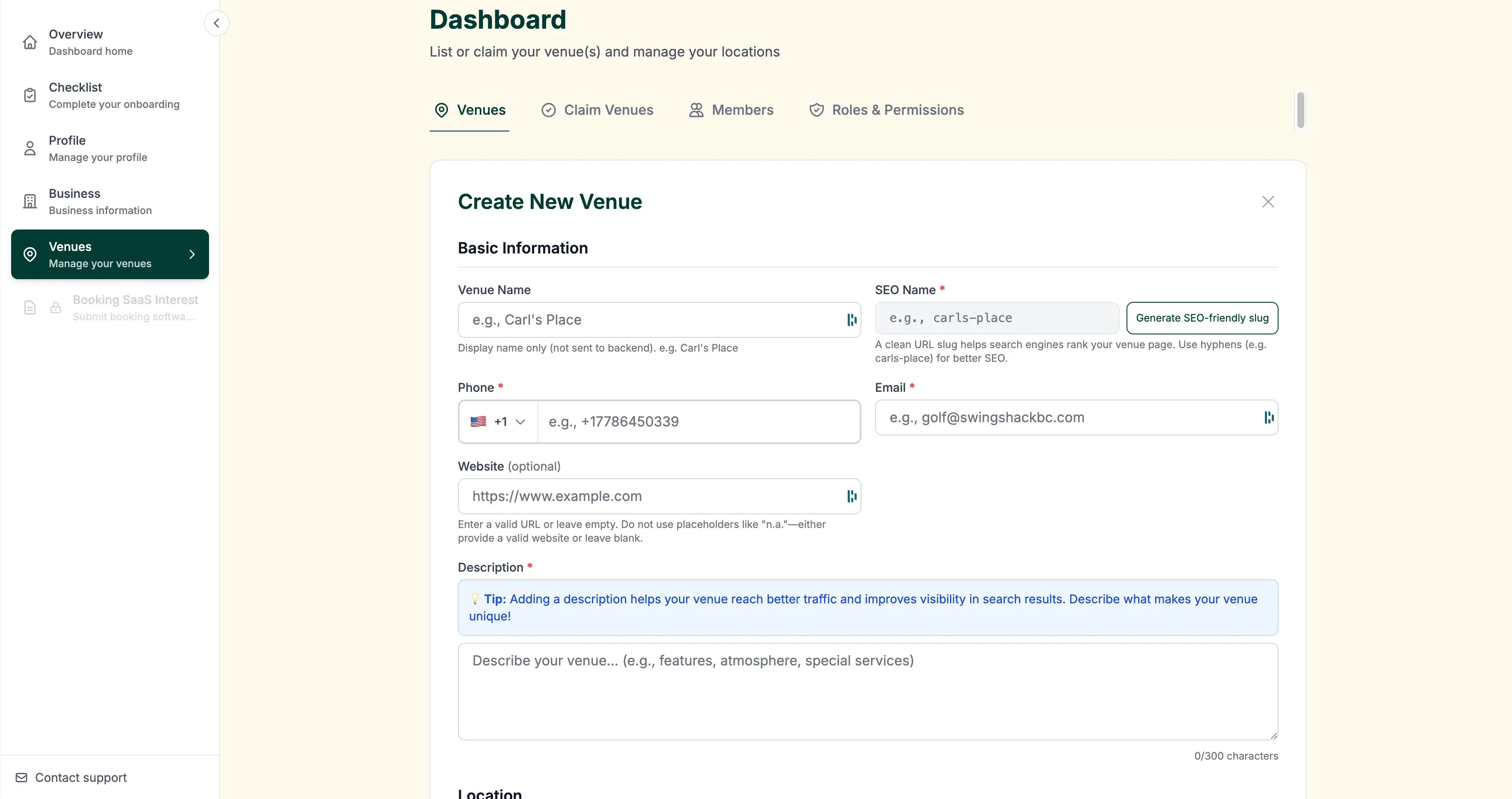 Create a venue page in the Screengolfers dashboard