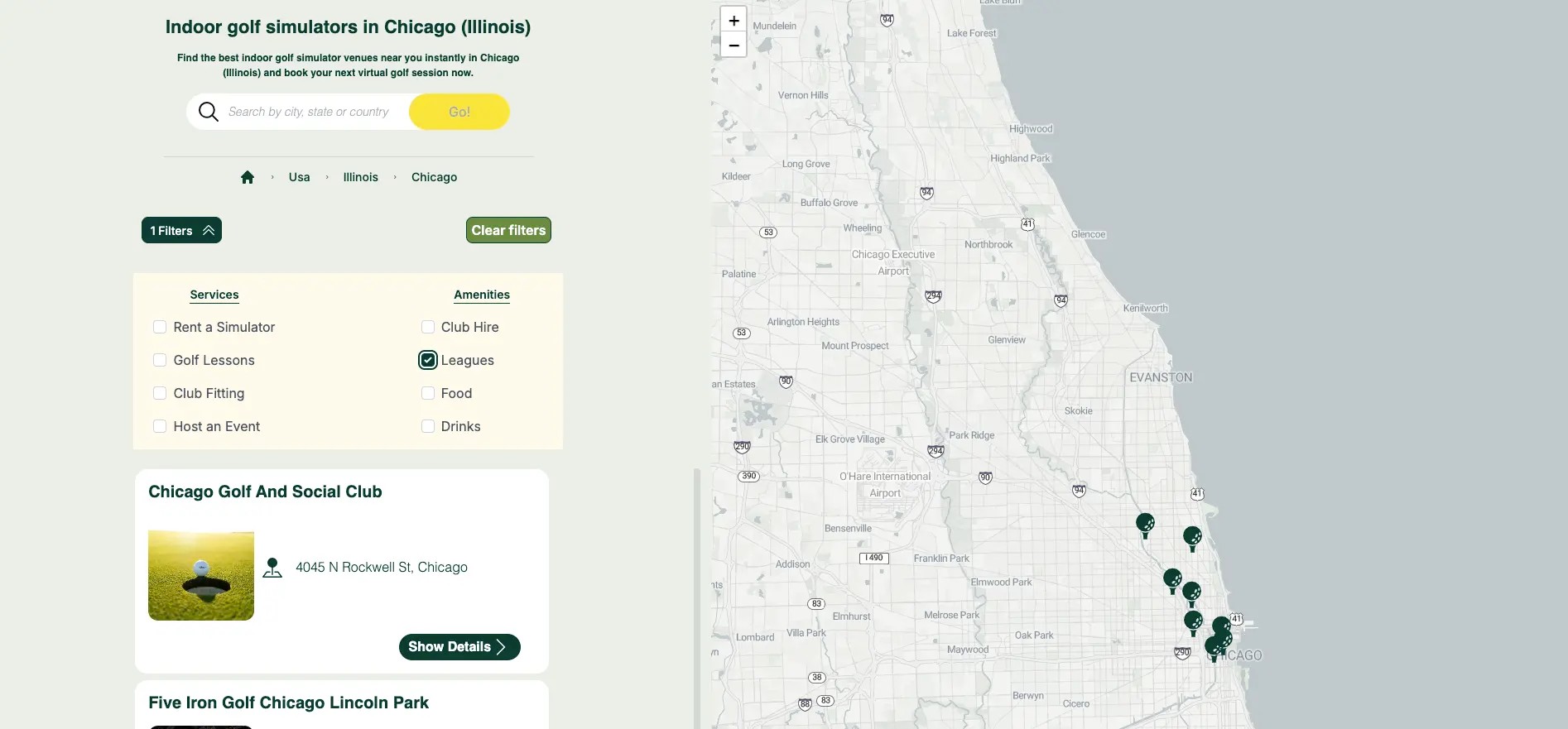 Find indoor golf venues with golf leagues in Chicago Illinois, provided by Screengolfers