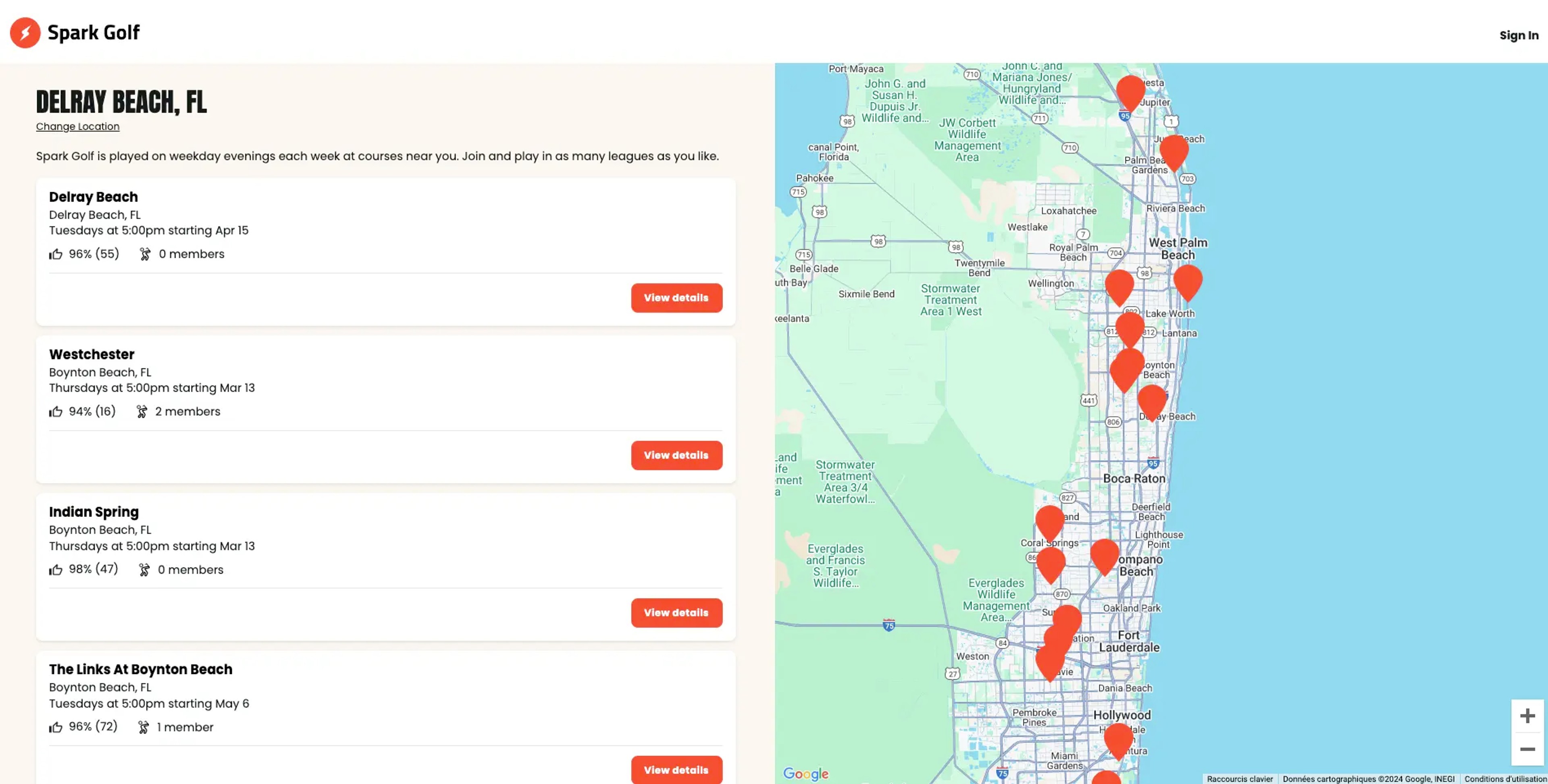 Map of golf leagues near ZIPCode 33446 in Florida on the Spark Golf website