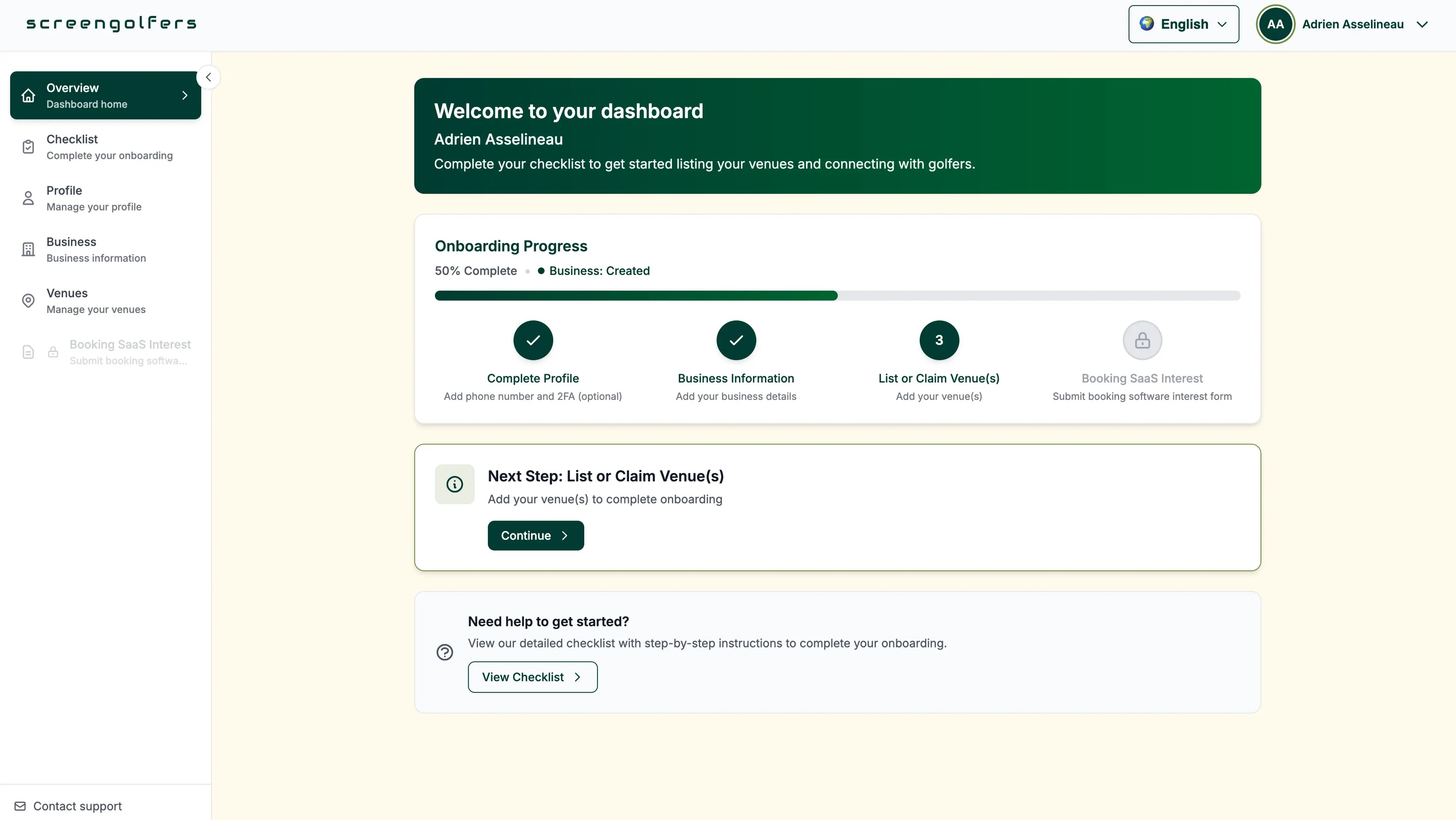Screengolfers dashboard to manage, list or claim your indoor golf venue