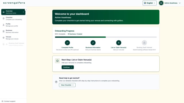 Screengolfers dashboard to manage, list or claim your indoor golf venue