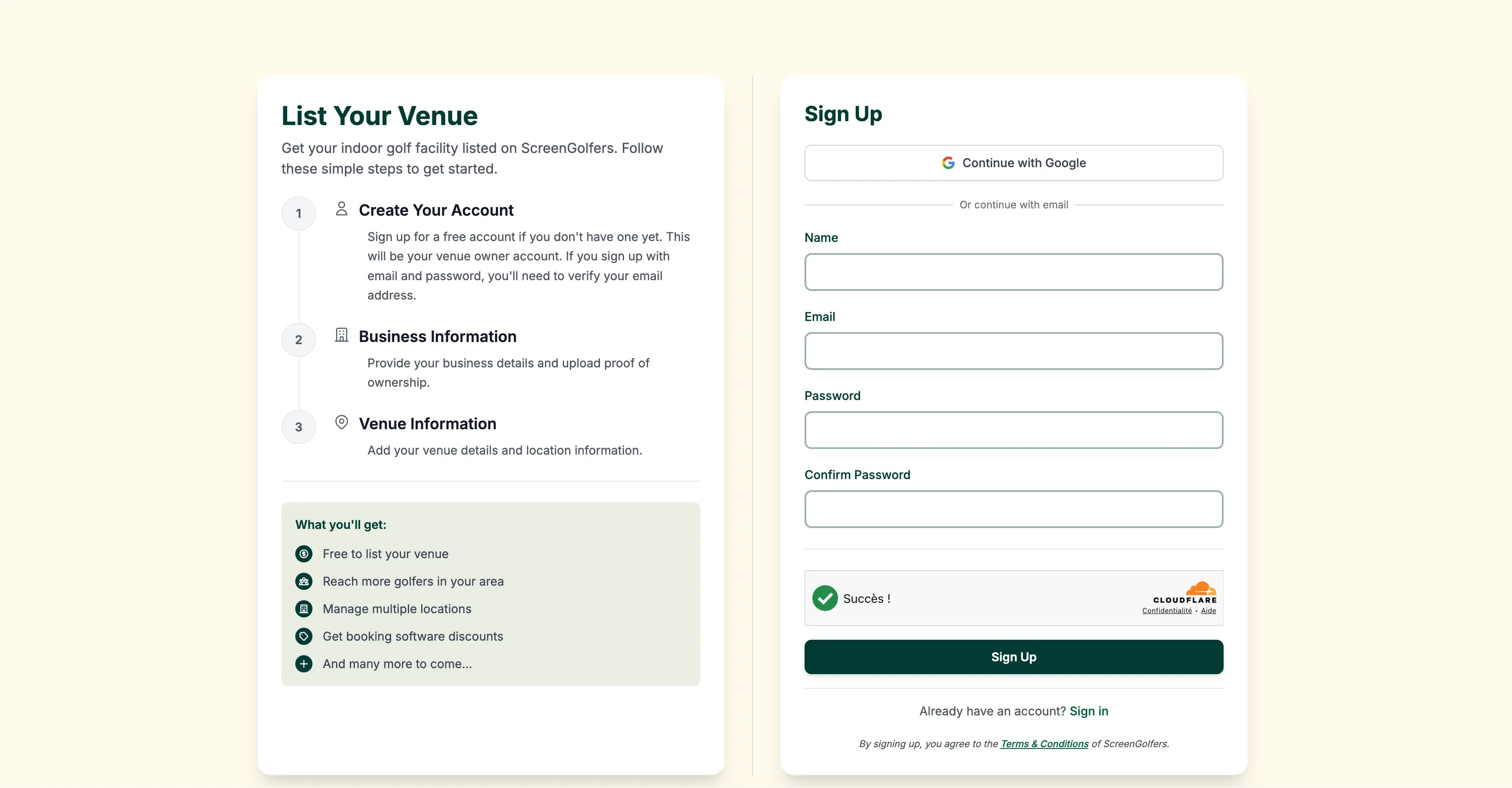 Screengolfers sign up page