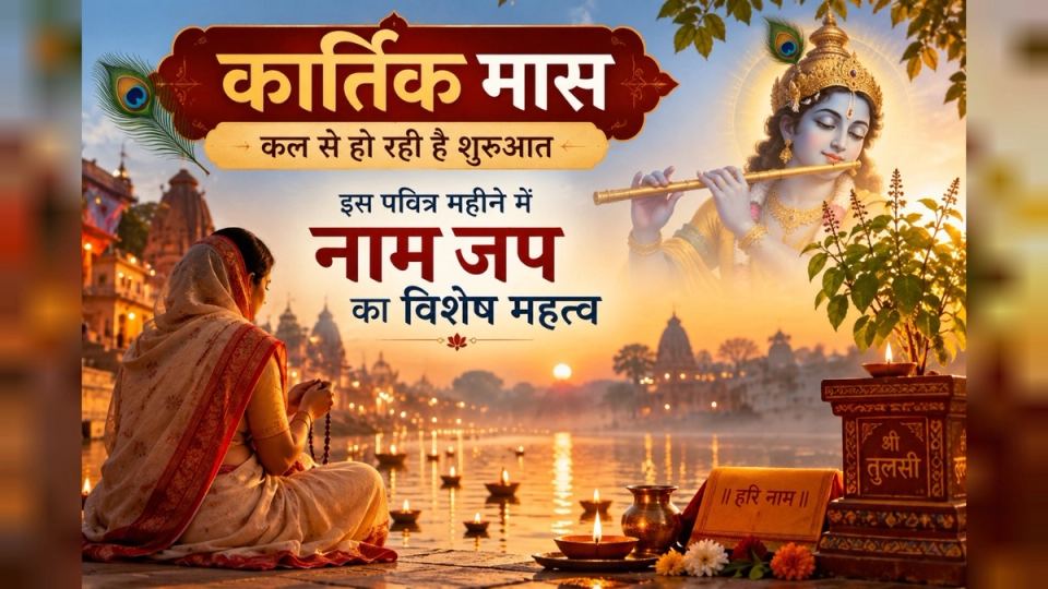 कार्तिक मास में गंगा तट पर माला जपती महिला, दीपक, तुलसी और बाँसुरी बजाते श्रीकृष्ण
