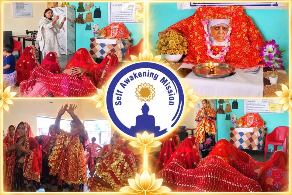 बहादुरपुर नारी सशक्तिकरण केंद्र में नवरात्रि समापन: लाल चुनरी में सजा श्री गुरुमहाराज जी का स्वरूप, साधना करती और नृत्य करती महिलाएँ