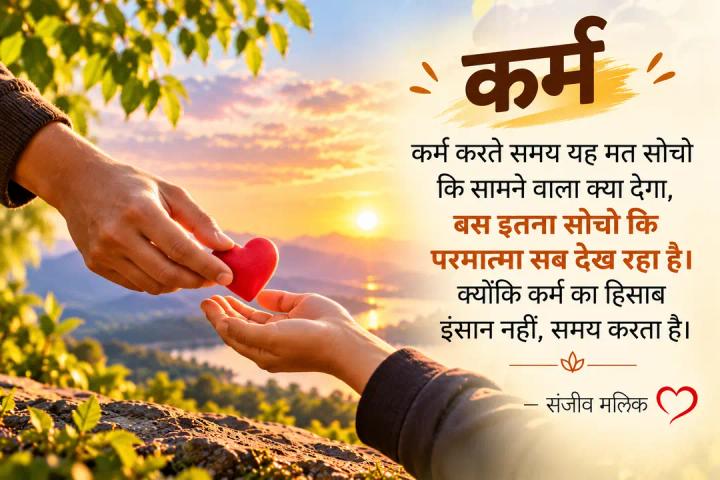 कर्म करते समय यह मत सोचो कि सामने वाला क्या देगा, बस इतना सोचो कि परमात्मा सब देख रहा है। क्योंकि कर्म का हिसाब इंसान नहीं, समय करता है। — संजीव मलिक