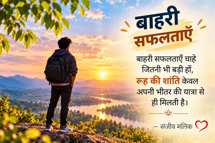 बाहरी सफलताएँ चाहे जितनी भी बड़ी हों, रूह की शांति केवल अपने भीतर की यात्रा से ही मिलती है। — संजीव मलिक