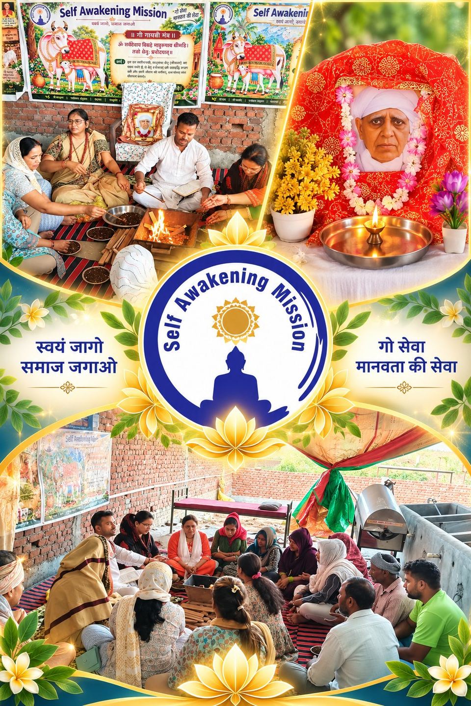 श्री सचिदानंद धाम, चांदपुर में सर्वपितृ अमावस्या पर हवन करते सेवादार और ग्रामीण, गौ गायत्री मंत्र के पोस्टर और श्री गुरुमहाराज जी का स्वरूप